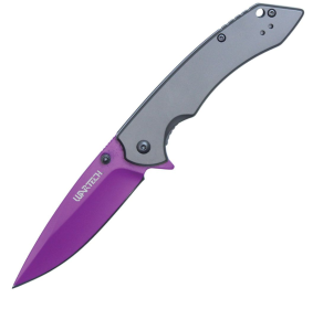 Assisted Open Folding Pocket Knife with Grey handle and Purple Blade