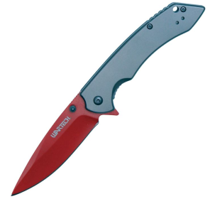 Assisted Open Folding Pocket Knife with Grey handle and Red Blade