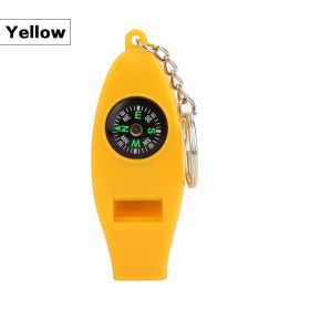 4 In 1 Emergency Survival Whistle With Compass Thermometer Magnifier For Hiking Camping Hunting Fishing (Color: Yellow)